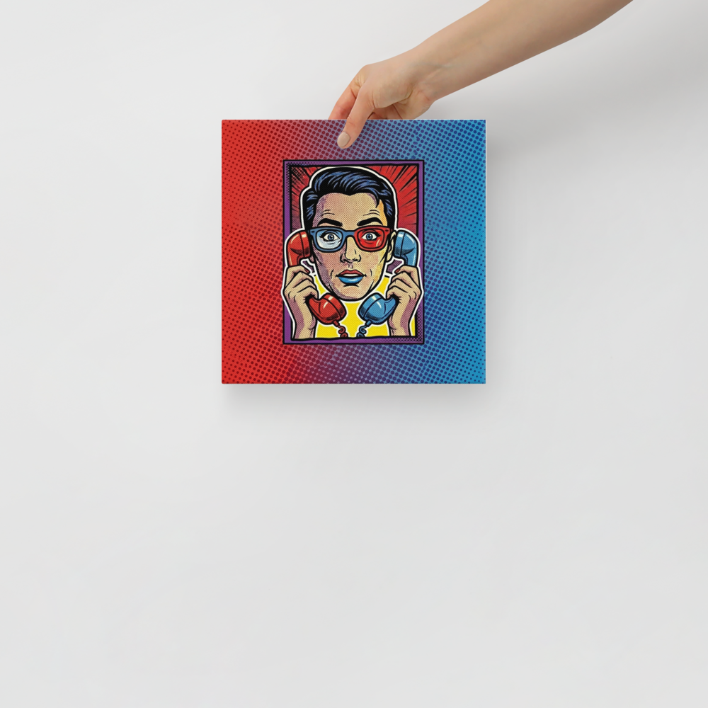'Bipartisan Static' — a Pop art print. A pop art illustration of a confused woman wearing red and blue 3D glasses, holding a red telephone receiver to one ear and a blue one to the other, set against a red and blue halftone gradient, ideal for a Living Room.