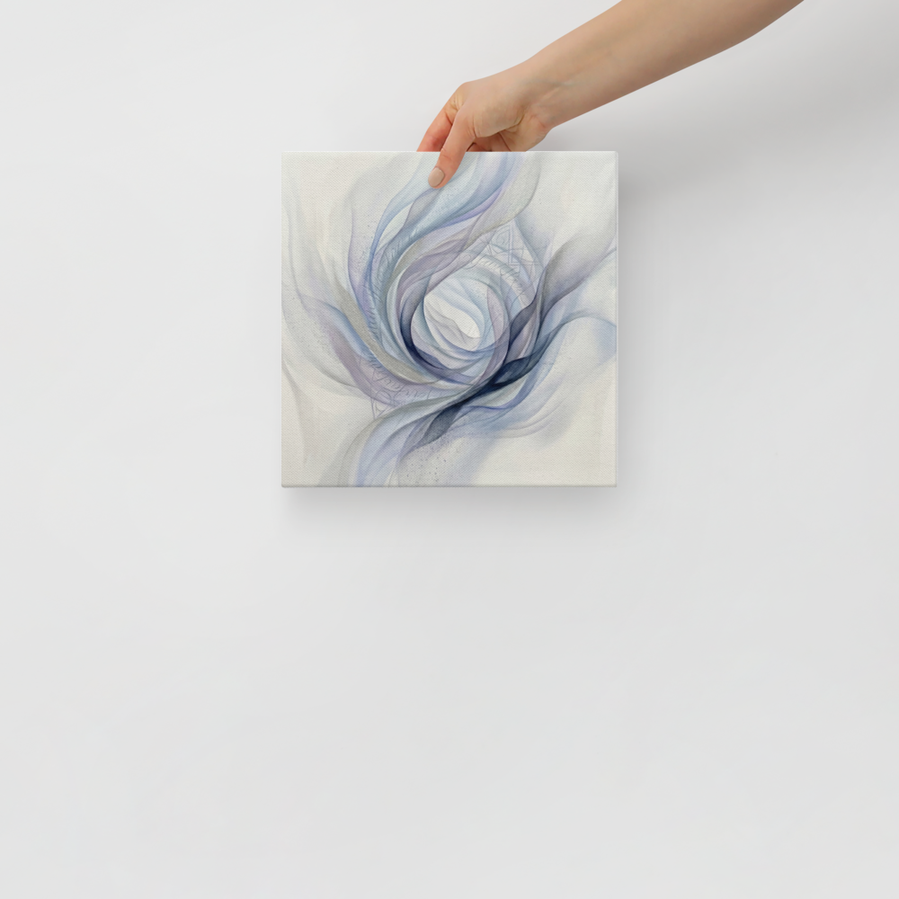 'Ethereal Whispers in the Vortex' — a Abstract art print. An abstract painting featuring swirling smoky ribbons of lavender, grey, and deep blue circling a bright white center, with faint cursive writing and patterns in the background.