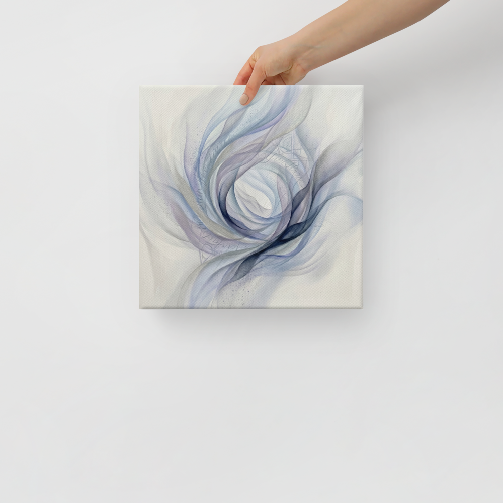 'Ethereal Whispers in the Vortex' — a Abstract art print. An abstract painting featuring swirling smoky ribbons of lavender, grey, and deep blue circling a bright white center, with faint cursive writing and patterns in the background.