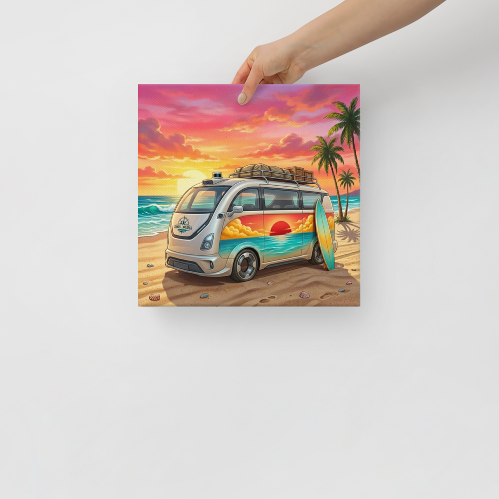 'Endless Summer Van' — a Pop art print. A vintage camper van with a sunset mural on its side parked on a beach with a surfboard at sunset, perfect for a Game Room.