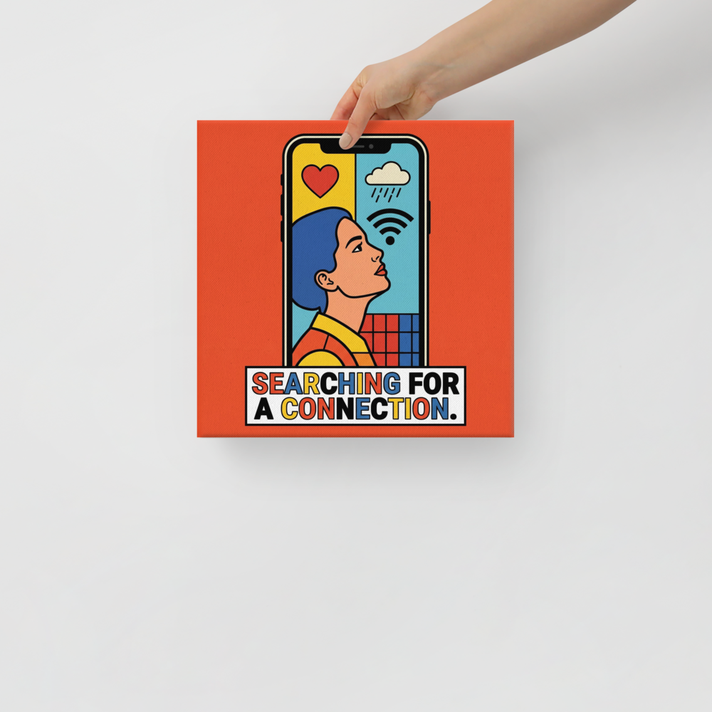 'Signal Lost' — a Pop art print. A graphic illustration of a woman inside a smartphone screen searching for a connection, perfect for a modern Living Room.