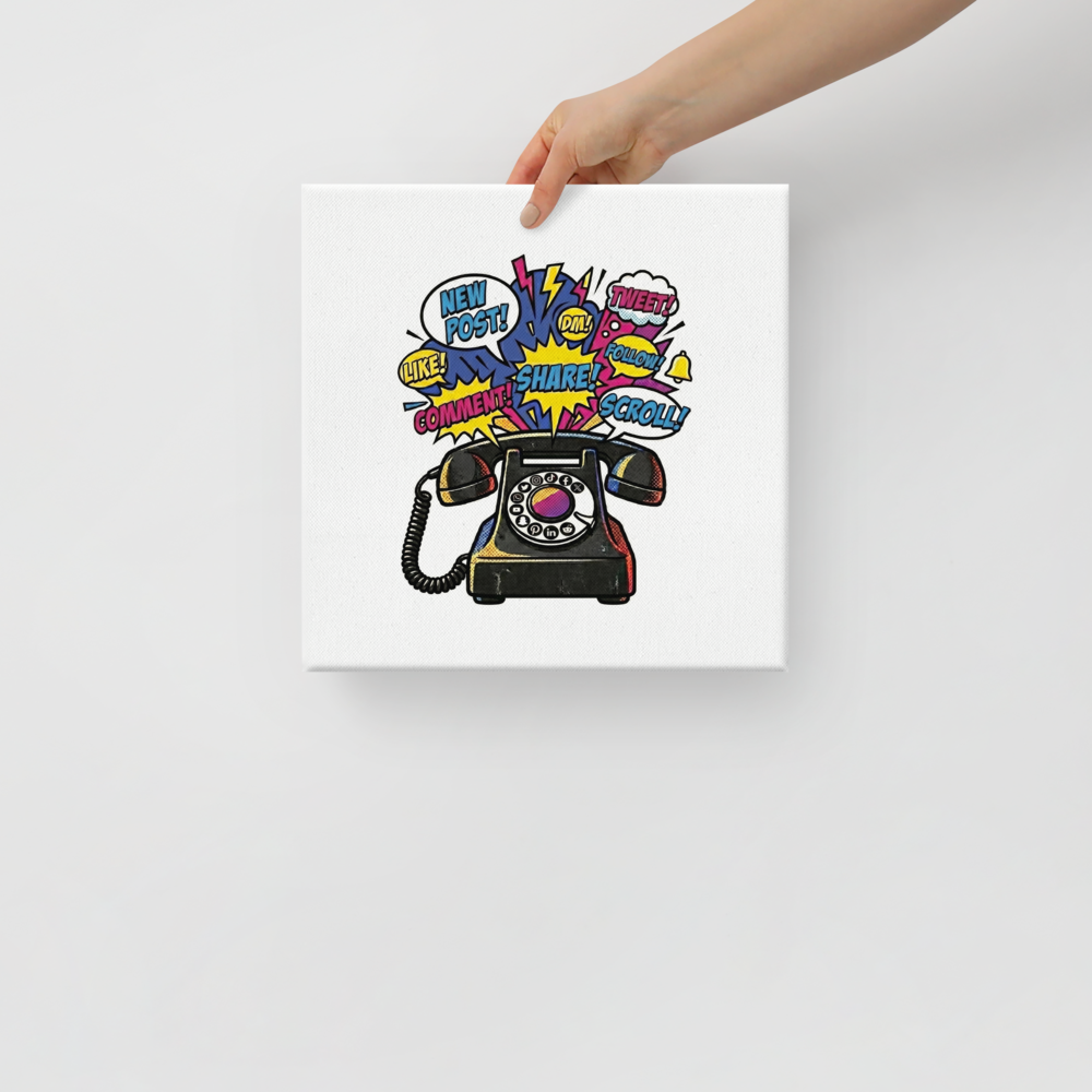 'The Notification Explosion' — a Pop art print. A retro rotary phone bursting with colorful social media notification bubbles, bringing high energy to a Game Room or Office.