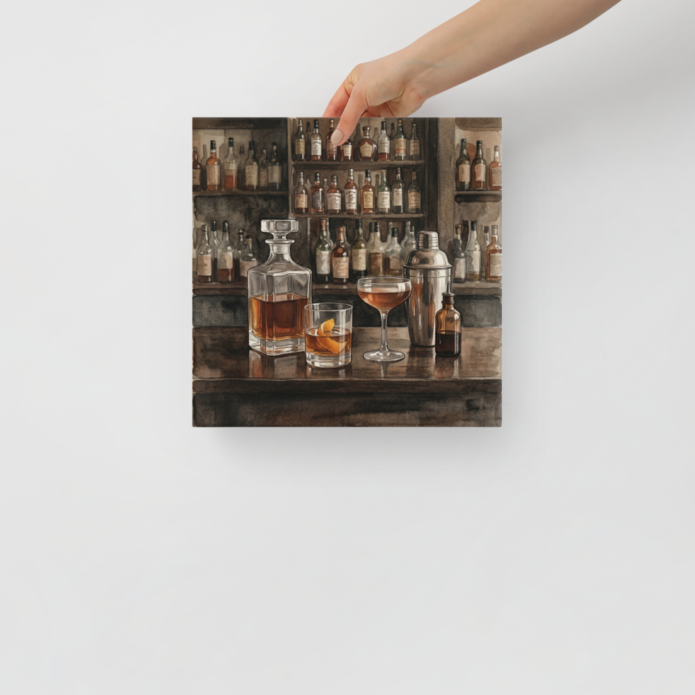 'The Evening Pour' — a Realism print. Detailed watercolor painting of a classic bar setup with a crystal decanter, a cocktail glass, and various bottles, perfect for a cozy home bar.