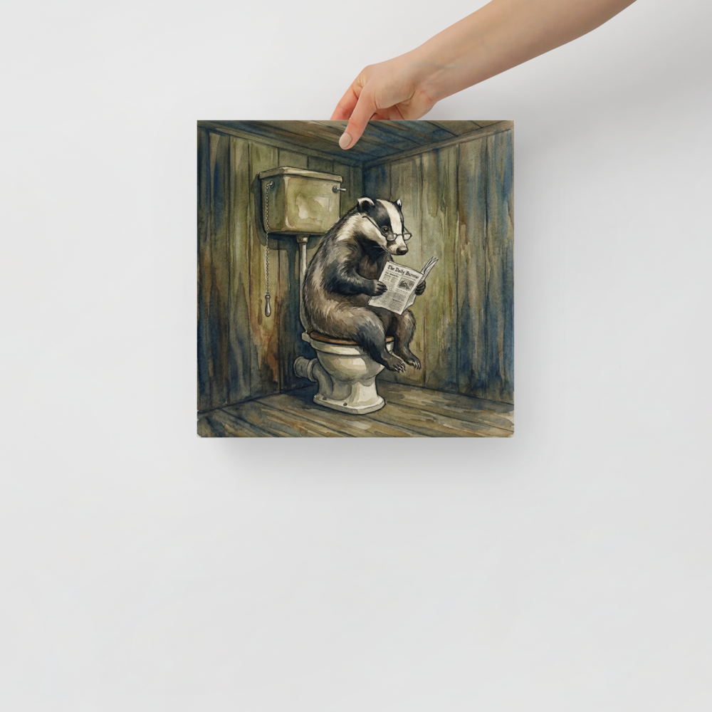 'The Daily Burrow' — a Realism print. Humorous watercolor illustration of a badger wearing glasses reading a newspaper on a toilet in a rustic wooden bathroom.