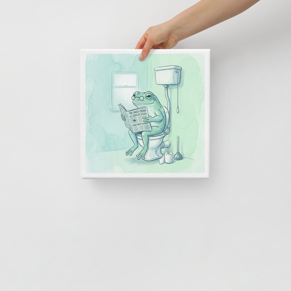 'The Daily Croak' — a Realism print. Amusing watercolor illustration of a green frog wearing glasses reading a newspaper on a toilet in a bright mint green bathroom.