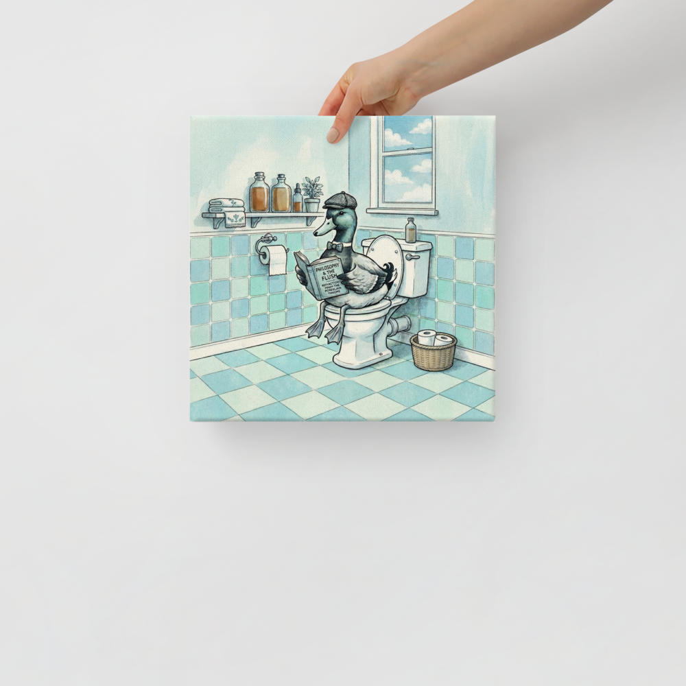 'The Philosophical Duck' — a Lowbrow,Pop art print. A whimsical illustration of a duck in a cap and bowtie reading a book on the toilet in a light blue bathroom.