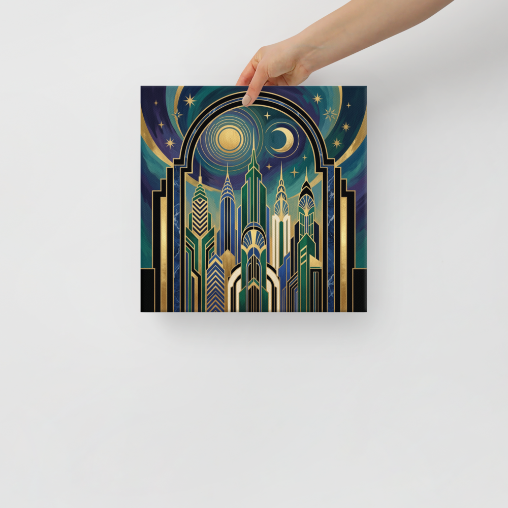 'Midnight Metropolis' — a Art Deco print. A stylized night cityscape with grand Art Deco towers beneath a starry sky featuring both the sun and moon, a captivating piece for a living room or office.