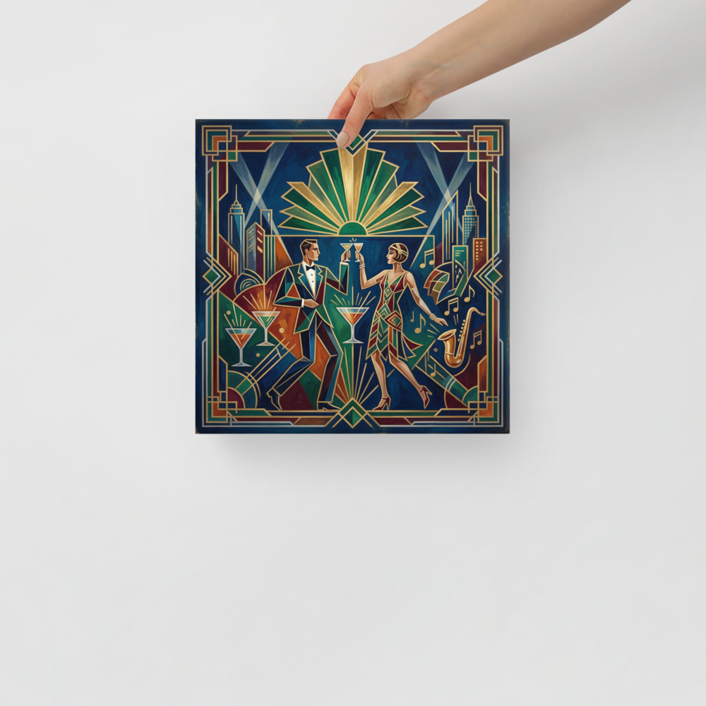 'The Jazz Age Toast' — a Art Deco print. A stylish couple in 1920s attire raises a toast against a geometric city skyline, creating a glamorous focal point for a home bar.