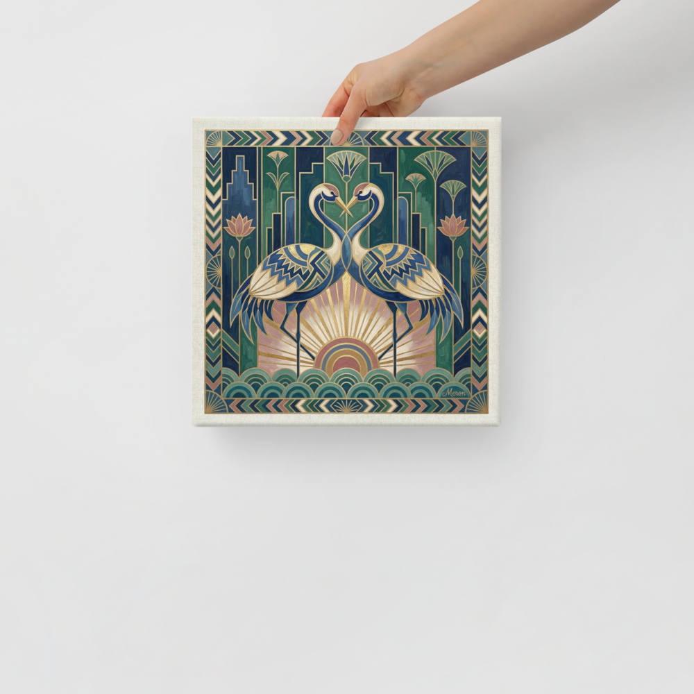 'The Deco Cranes' — a Art Deco print. Two elegant cranes facing each other in a symmetrical Art Deco style with water waves and lotus flowers, ideal for a Bedroom.