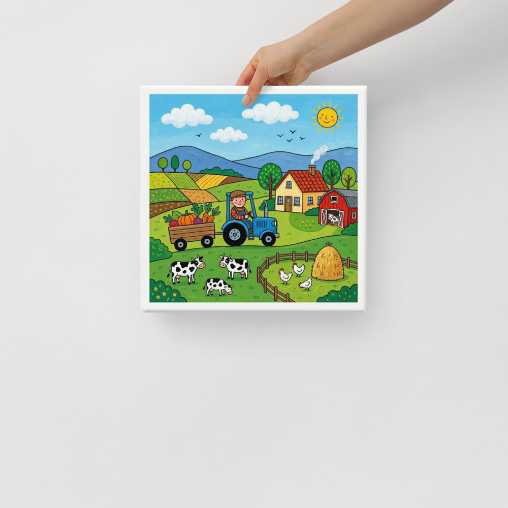'A Day on the Farm' — a Naive art print. A smiling farmer on a blue tractor with giant vegetables in a green farm with cows, chickens, and a red barn, ideal for a bright kitchen.