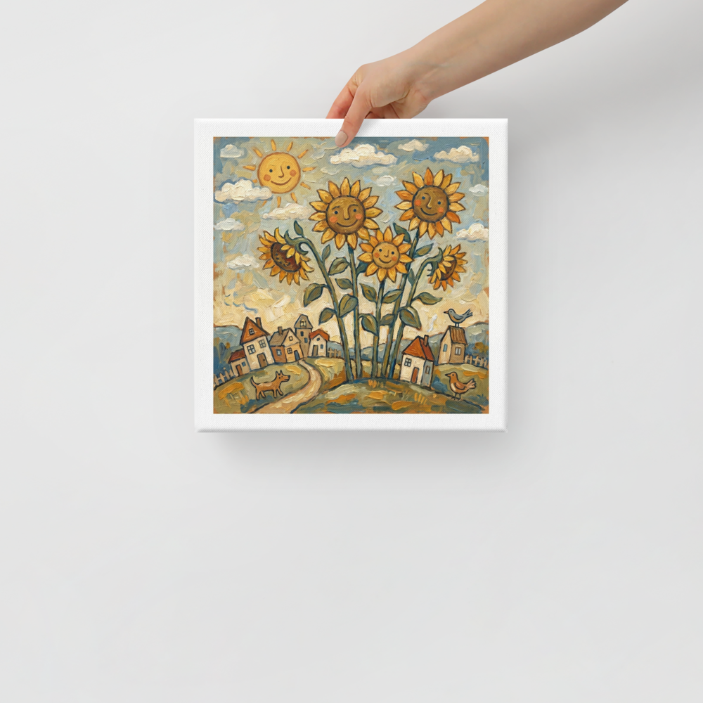 'Smiling Sunflowers' — a Naive art print. A cheerful Naive Art painting of tall smiling sunflowers growing near a small rustic village with a smiling sun, birds, and a dog, perfect for a sunny Kitchen.