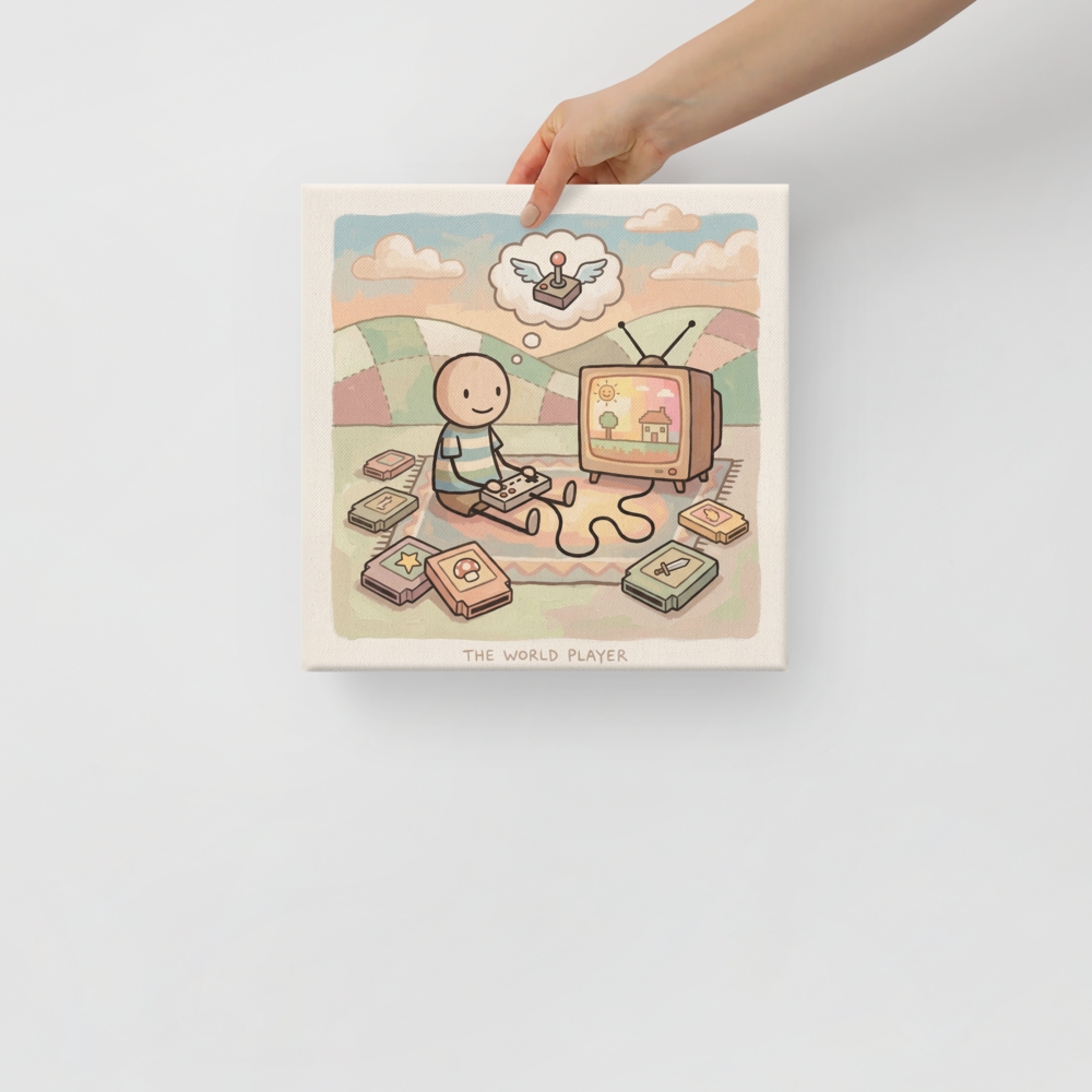'The World Player' — a Naive art print. A charming Naive Art illustration of a boy sitting on a blanket playing a retro video game console with a vintage TV and game cartridges, ideal for a Game Room.
