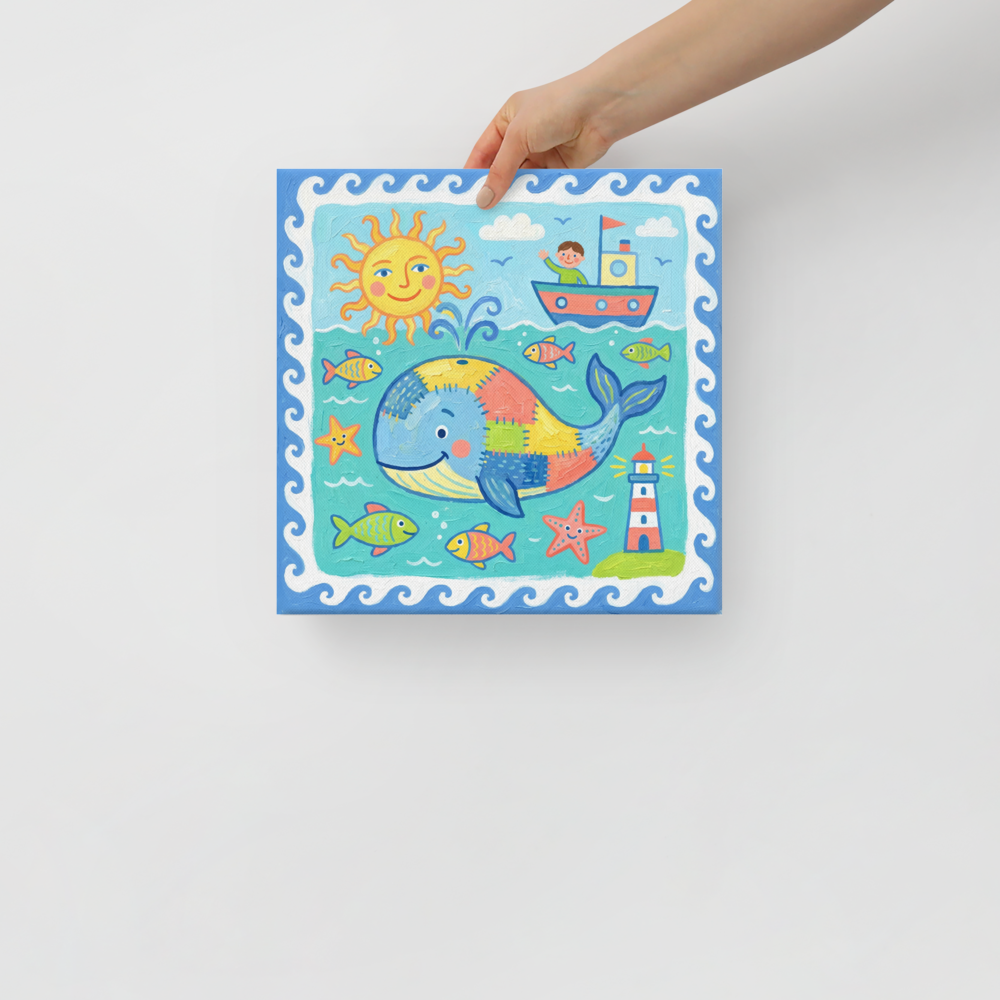 'Patchwork Whale' — a Naive art print. A colorful Naive Art painting of a patchwork whale swimming in the ocean near a lighthouse with a smiling sun and a child in a boat, great for a Playroom.