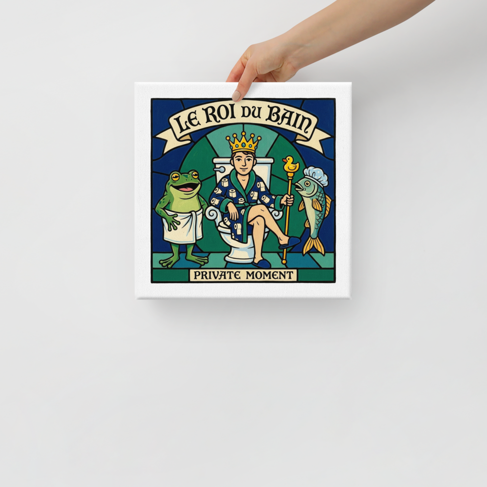 'Le Roi du Bain' — a Cloisonnism,Pop art print. A funny stained-glass style illustration of a man on a toilet wearing a crown and bathrobe, with a frog in a towel and a fish in a shower cap, titled Le Roi Du Bain.