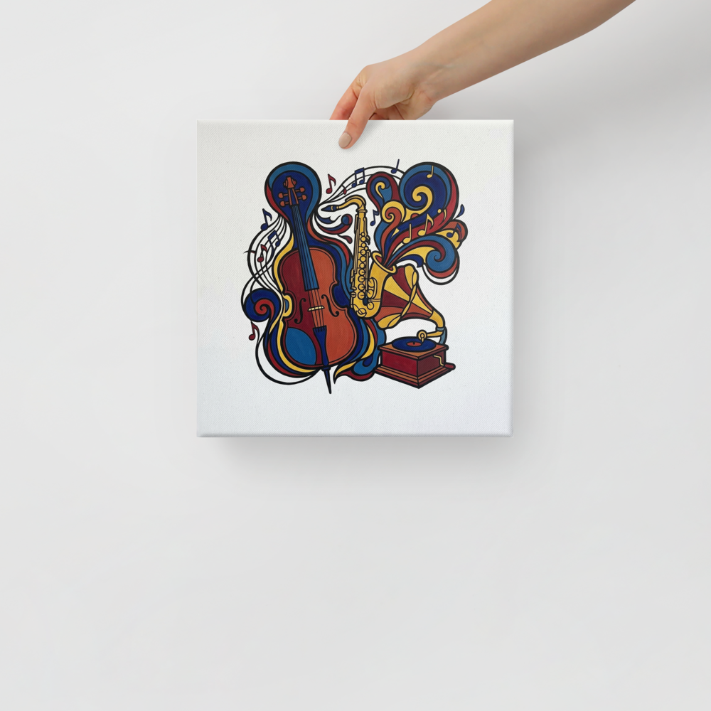 'Symphony of Colors' — a Cloisonnism,Pop art print. A colorful cloisonnism illustration of a cello, saxophone, and record player with swirling musical notes and colorful ribbons against a white background.