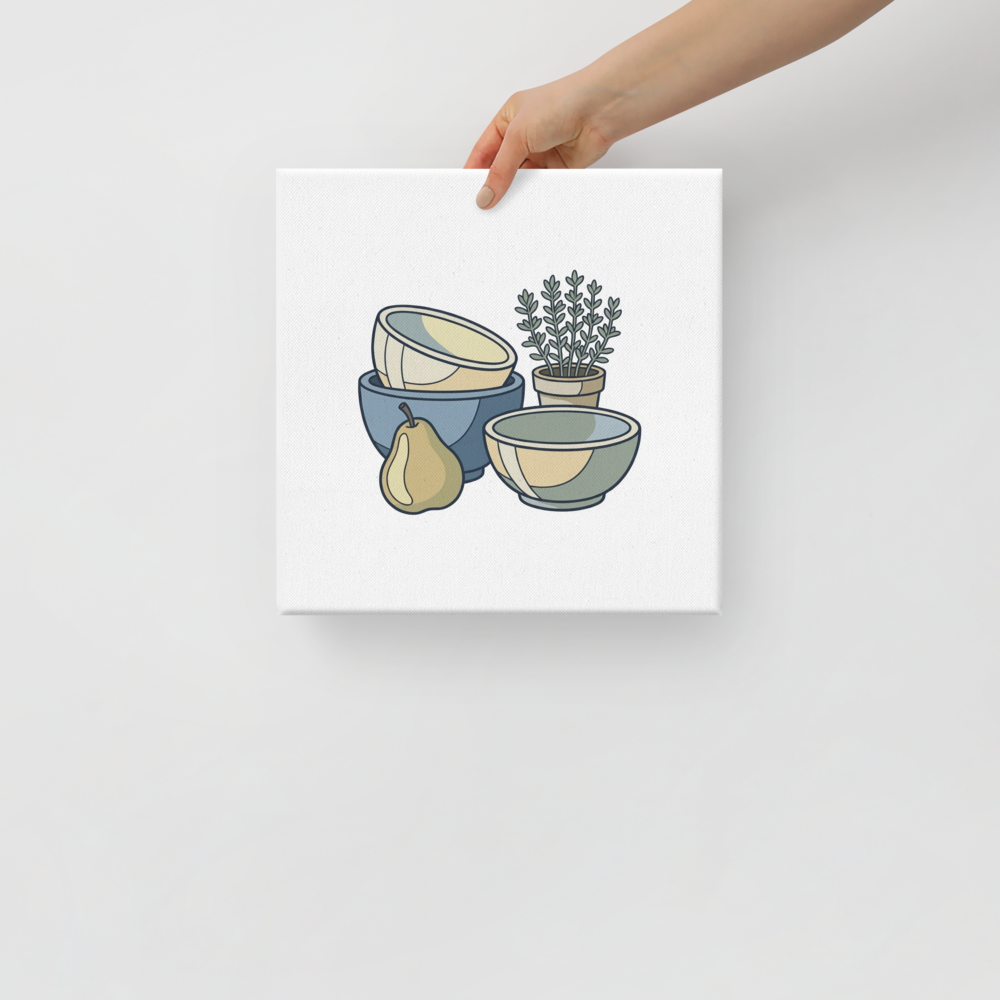 'Quiet Kitchen Still Life' — a Cloisonnism,Minimalism print. A minimalist cloisonnism illustration of a pear, a potted herb, and a stack of bowls in muted blue and cream colors.