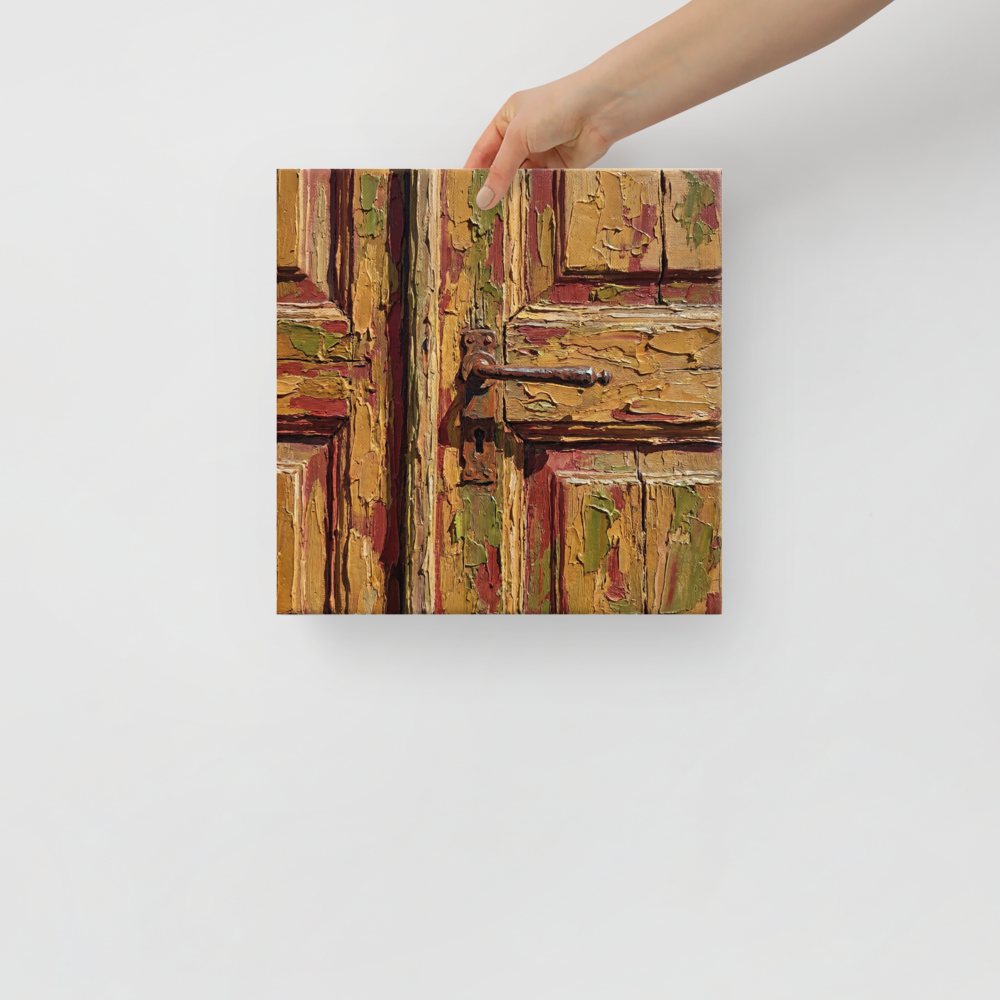'Weathered Passage' — a Realism,Fine Art print. Highly textured impasto painting of a peeling wooden door with a rusty handle, ideal for an entryway.
