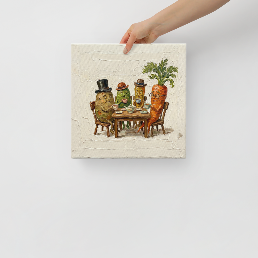 'A Proper Brew' — a Pop art,Lowbrow print. Humorous impasto painting of vegetables wearing hats and having tea around a table, perfect for a dining room.