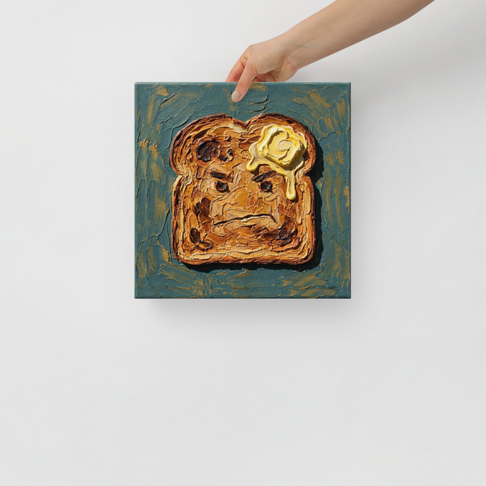 'Morning Grudge' — a Pop art,Lowbrow print. Funny impasto painting of an angry piece of toast with melting butter, ideal for a kitchen.