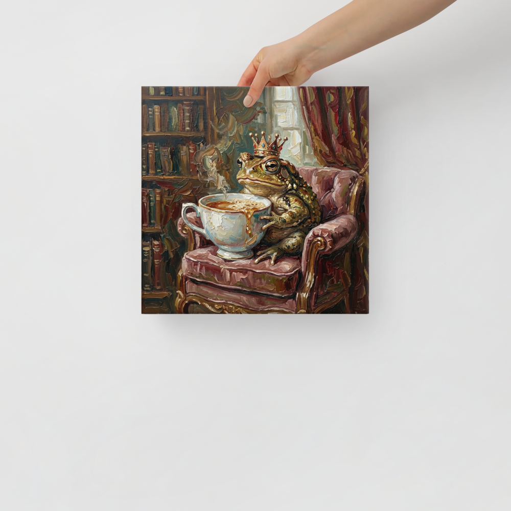 'Royal Brew' — a Lowbrow,Pop art print. Impasto painting of a crowned toad sitting in an armchair drinking coffee, perfect for a quirky library.