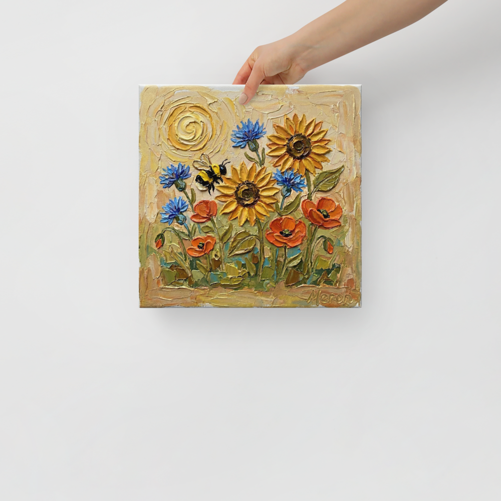 'The Pollinator's Dance' — a Expressionism print. A vibrant bumblebee hovering among sunflowers, blue cornflowers, and orange poppies in this charming kitchen artwork.