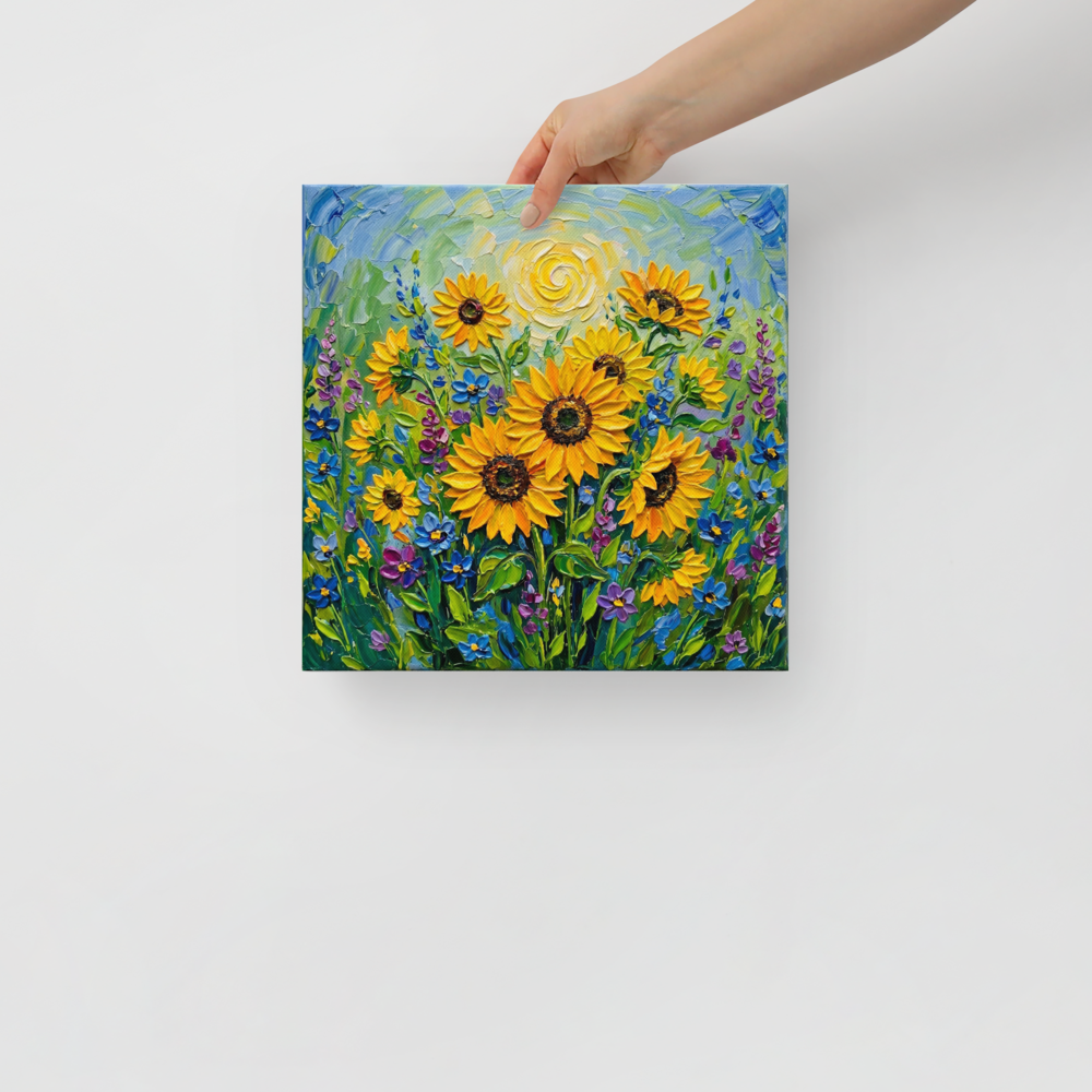 'Sunlit Blooms' — a Impressionism print. Vibrant impasto painting of sunflowers bathed in golden sunlight, perfect for a living room.