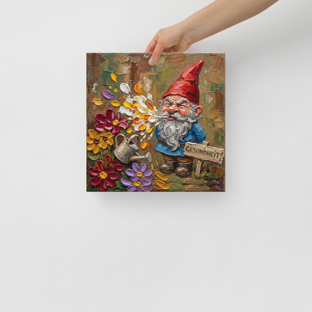 'Gesundheit Gnome' — a Post-Impressionism print. A humorous textured painting of a garden gnome sneezing colorful flower petals, perfect for adding charm to an entryway.