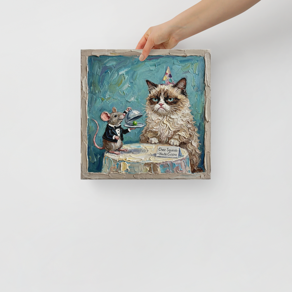 'Haute Cuisine at Chez Squeak' — a Pop art print. An oil painting of a grumpy cat in a party hat being served a single pea by a mouse waiter in a tuxedo, perfect for a dining room or living room.