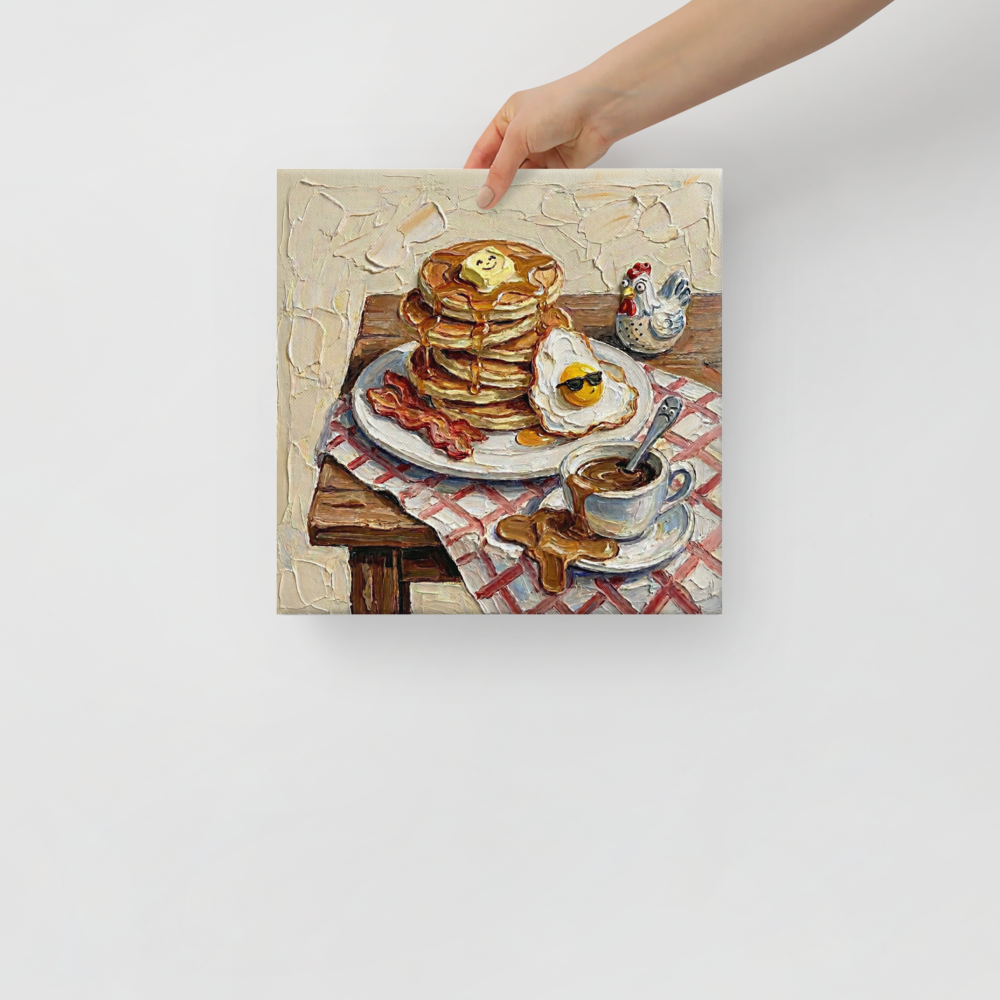 'A Hearty Morning' — a Expressionism print. An impasto painting of a breakfast table with pancakes, bacon, and coffee, ideal for a cheerful Kitchen.