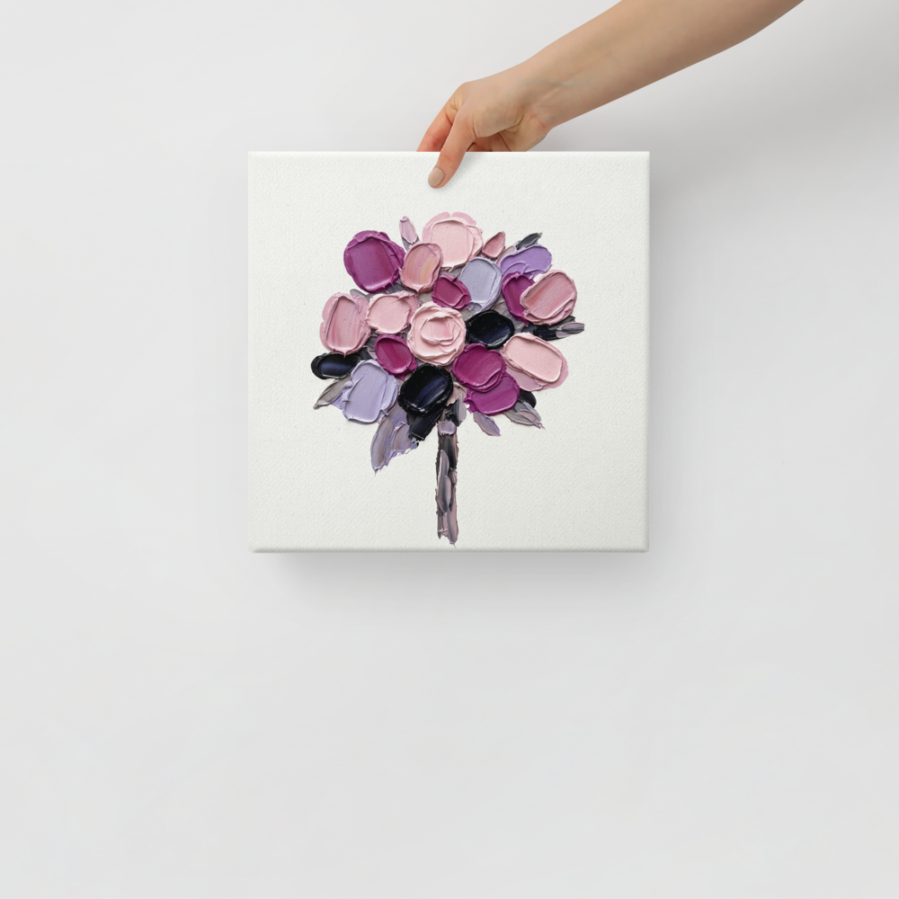 'Bloom in Relief' — a Expressionism print. A textured oil painting of pink and purple flowers on a white background, perfect for a chic Office or Bedroom.
