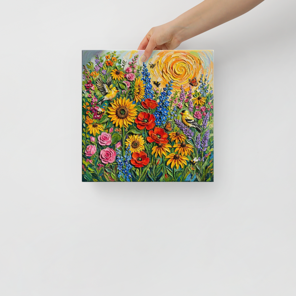 'Sunburst Symphony' — a Expressionism print. A colorful impasto painting of a blooming meadow with sunflowers, birds, and a swirling sun, perfect for a bright Living Room.