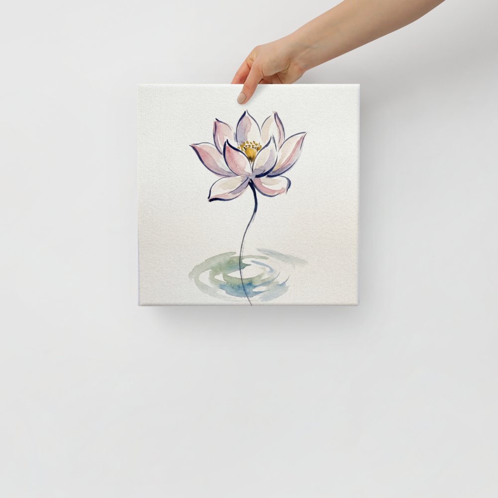 'Lotus Whisper' — a Minimalism,Modernism print. A minimalist watercolor painting of a pink lotus flower with a slender stem above soft water ripples, perfect for a serene bathroom or meditation room.