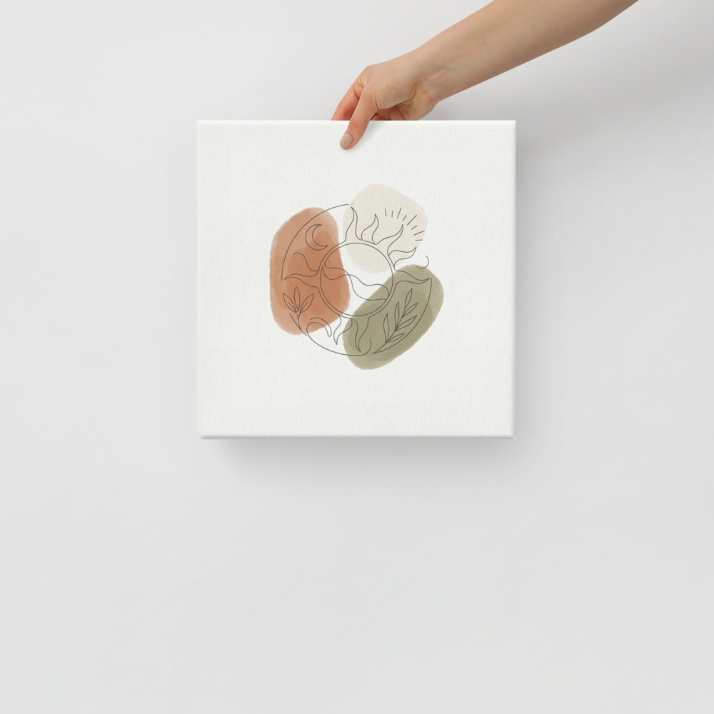 'Celestial Harmony' — a Minimalism print. Minimalist line drawing of a sun, moon, and leaves layered over soft earthy watercolor splotches, ideal for a serene bedroom.