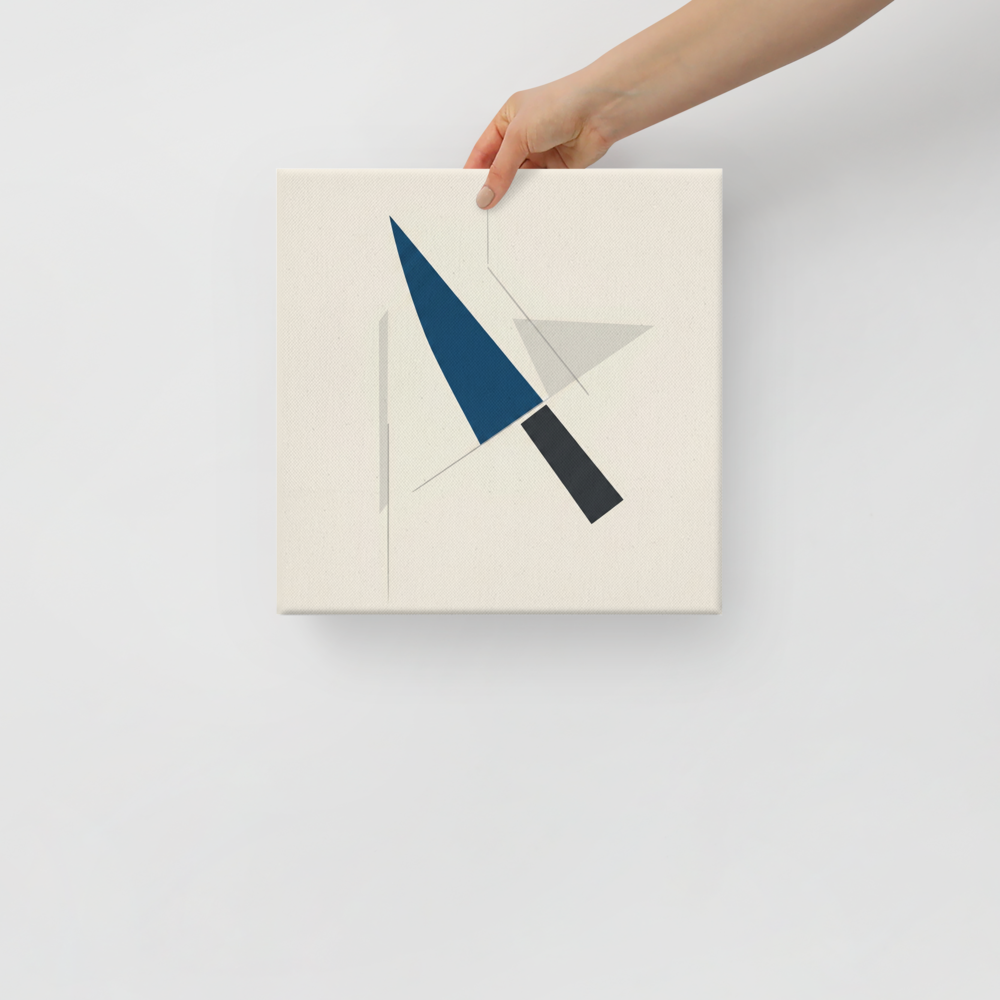 'Geometric Balance' — a Minimalism print. A minimalist geometric artwork with a blue triangle and black rectangle on a beige background, perfect for an Office.