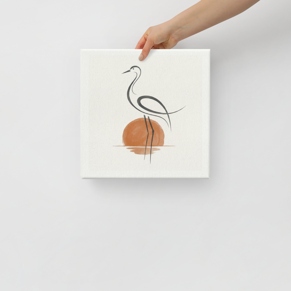 'Heron at Sunset' — a Minimalism,Modern European ink painting print. A minimalist line drawing of a heron standing in water against a watercolor orange sun, set on a textured white background. Ideal for a calming bathroom or bedroom.
