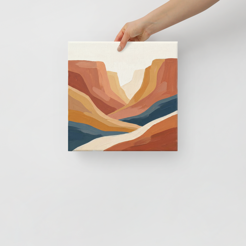 'Canyon River' — a Minimalism,American Scene Painting print. A minimalist landscape painting of a canyon featuring sweeping bands of terracotta, ochre, and a deep blue river against a white sky, suitable for a living room.