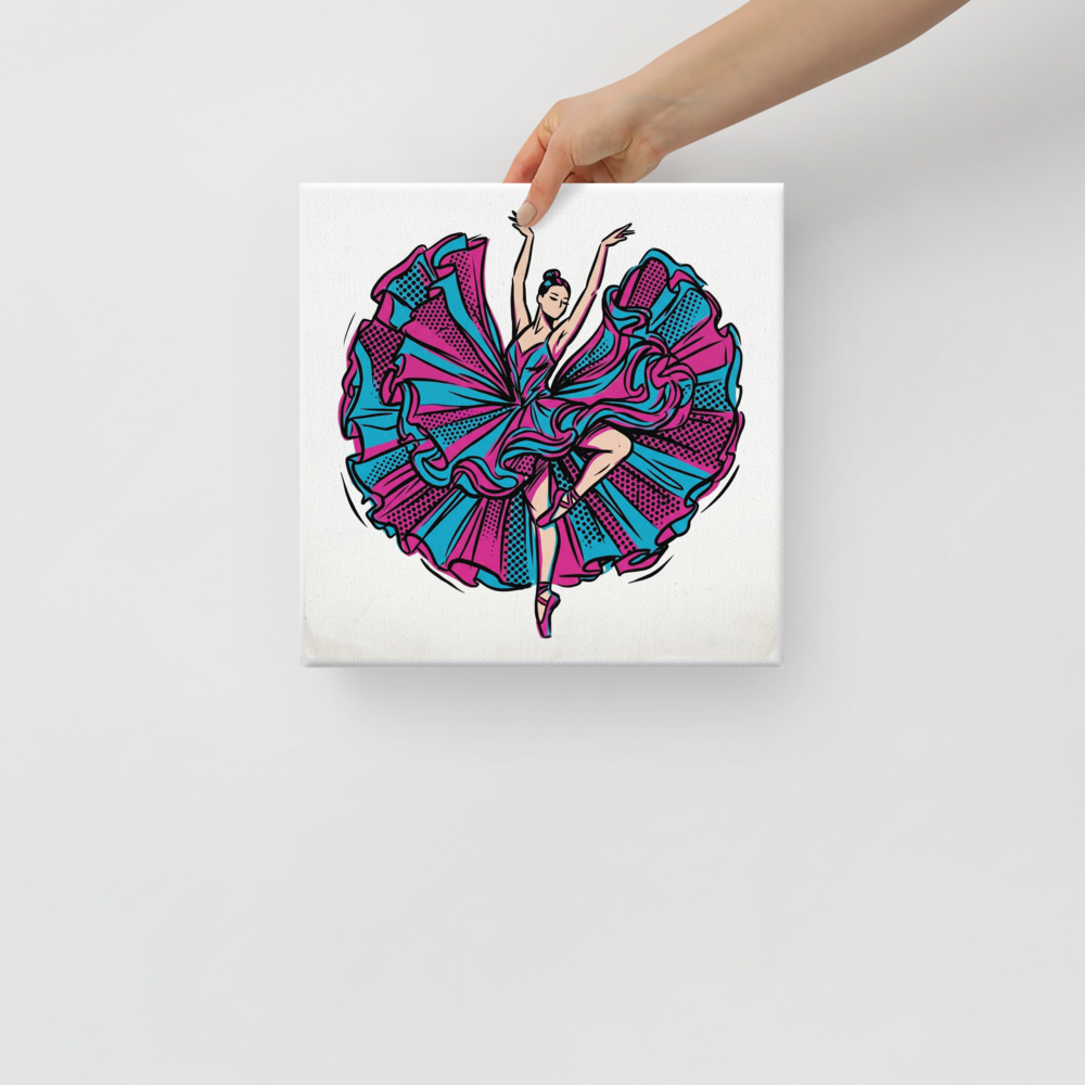 'Pop Art Pirouette' — a Pop art print. A ballerina in a voluminous pink and turquoise dress strikes a dynamic pose, rendered in a bold pop art style with halftone dots.