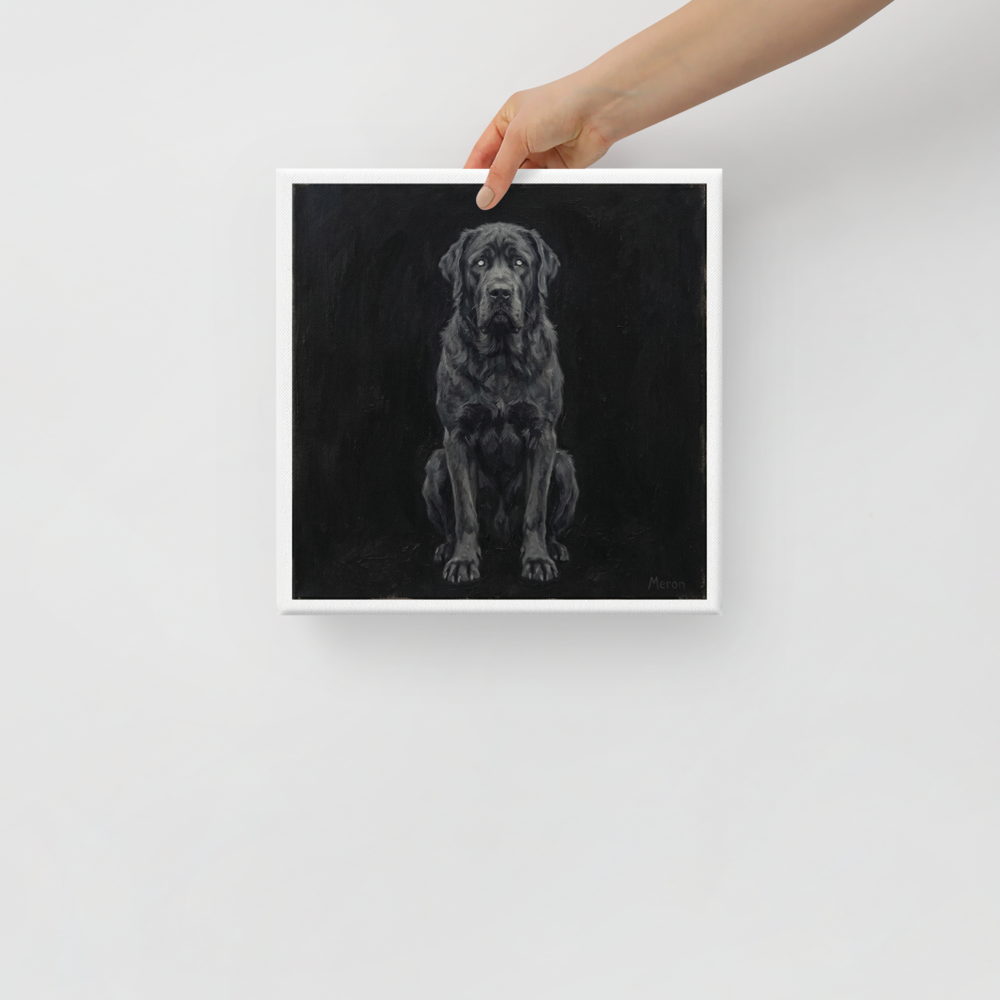 'The Obsidian Guardian' — a Figurative art,Surrealism print. A large dark dog painted in thick black and grey oil paint against a black background, perfect for a gothic living room.