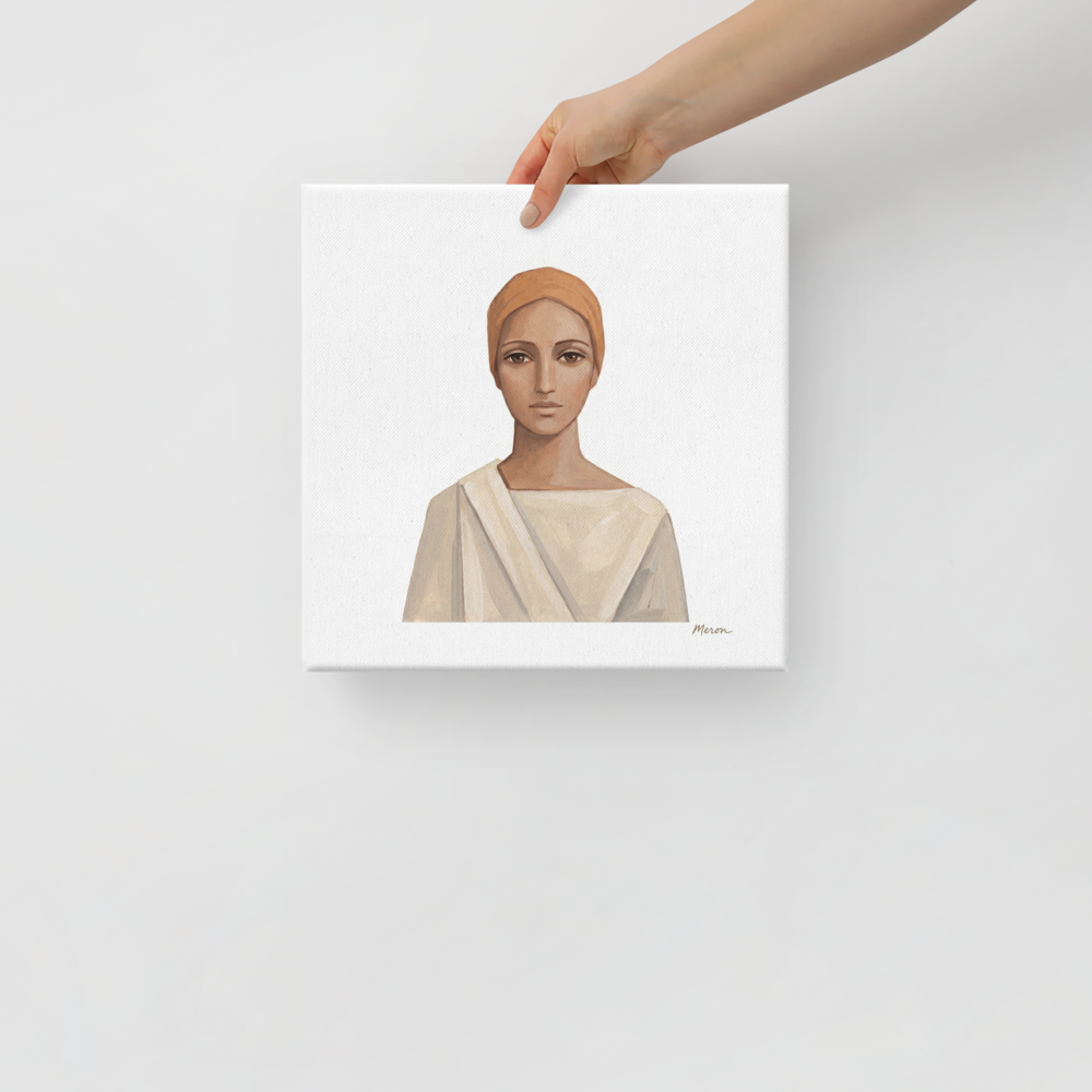 'The Serene Ascetic' — a Figurative art,Minimalism print. A minimalist painting of a calm person in a tan head wrap and white robe against a white background, perfect for a meditation room.