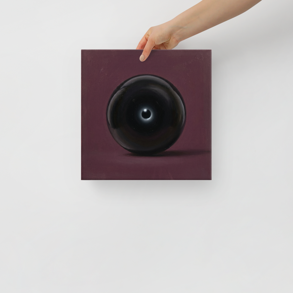 'Obsidian Eye' — a Surrealism print. A hyperrealistic painting of a glossy black sphere on a dark plum background, suitable for a moody Bedroom.