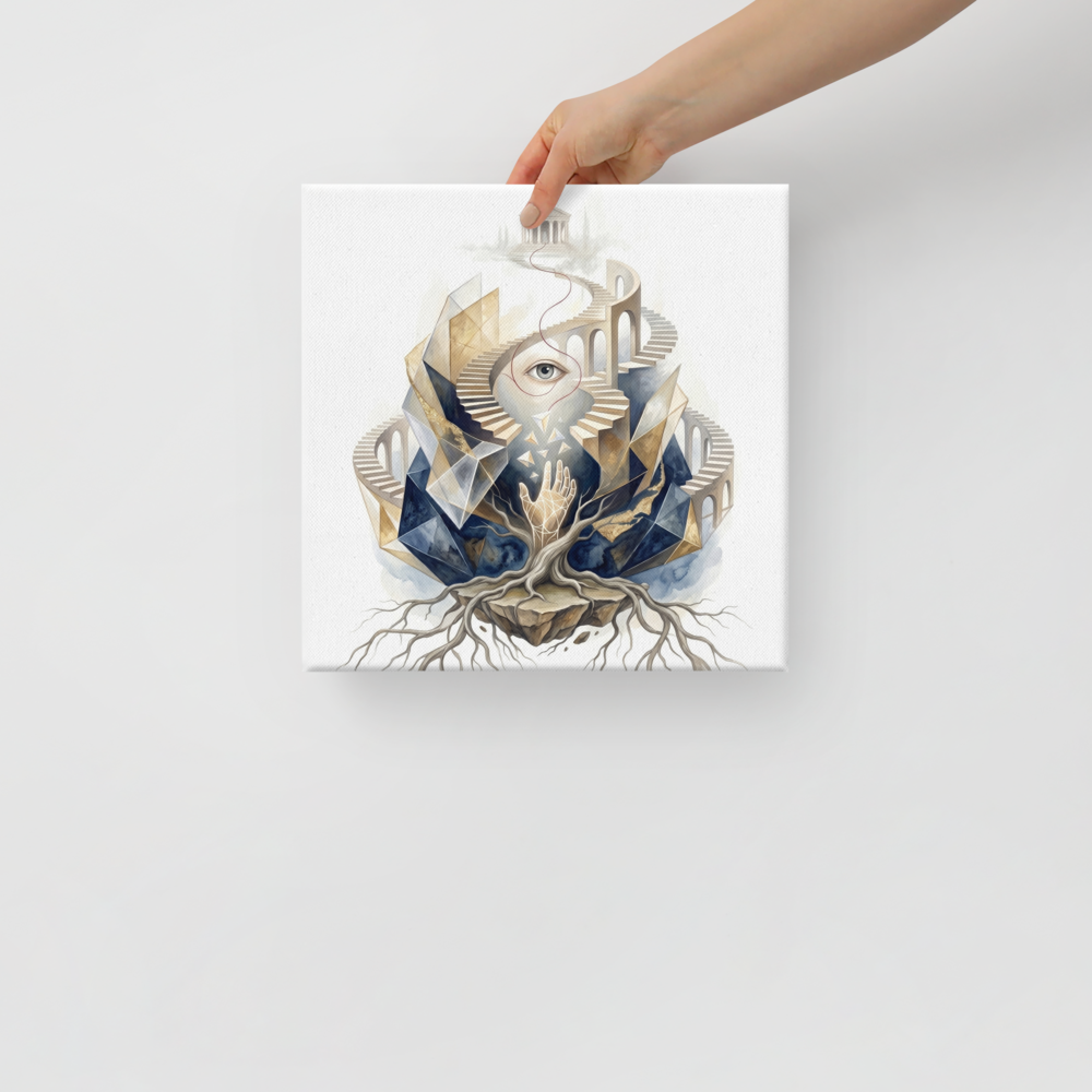 'Ascent to the Mind's Temple' — a Surrealism print. A surreal watercolor painting showing an eye, a glowing hand, and roots leading up a staircase to a classical temple, perfect for a Meditation Room.