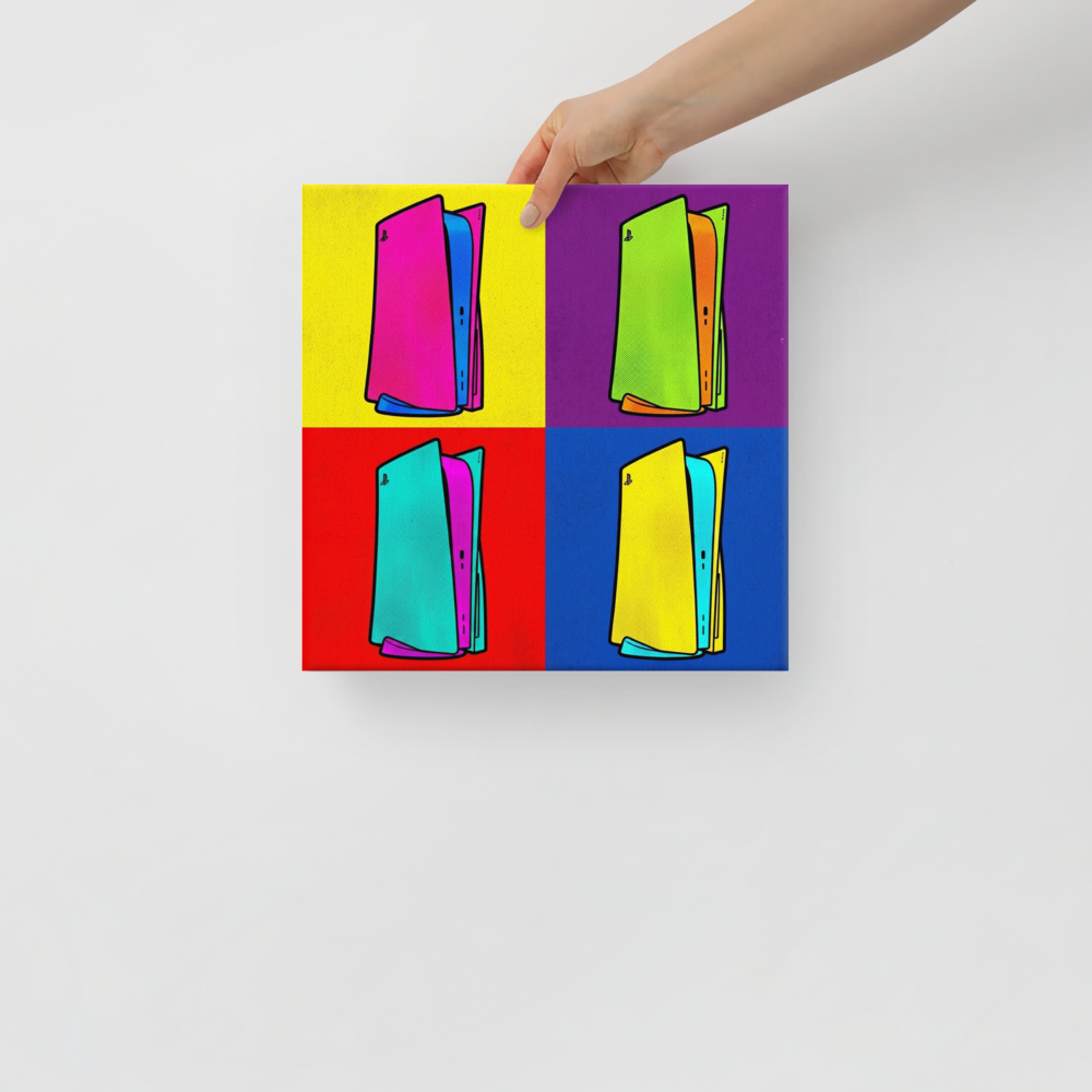 'Next Gen Chroma' — a Pop art print. A four-panel pop art illustration featuring a modern gaming console in bright, contrasting colors like pink, green, cyan, and yellow, perfect for a Game Room.