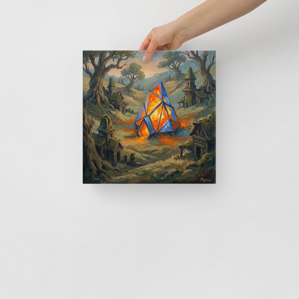 'The Glowing Heart' — a Expressionism print. A thick oil painting of a glowing orange and blue crystal structure in a forest clearing surrounded by rustic fantasy dwellings, perfect for a cozy living room.