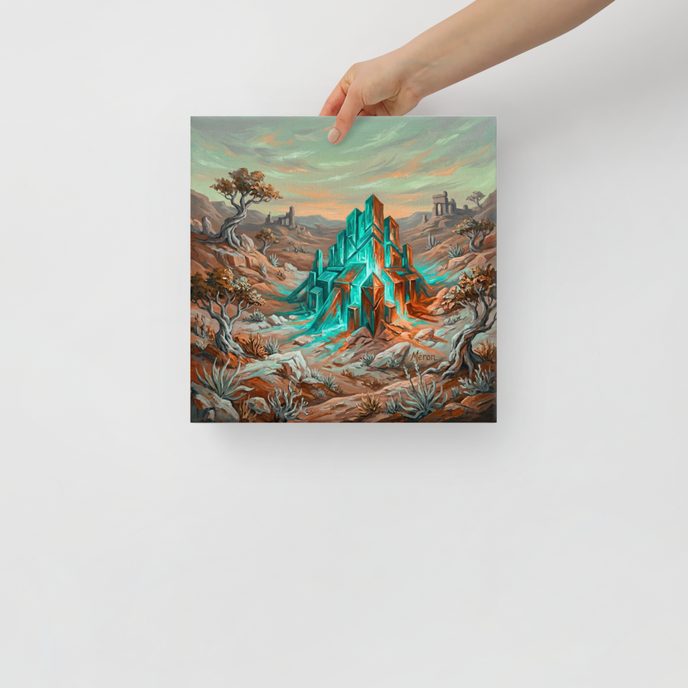 'Desert Monolith' — a Surrealism print. An oil painting of a glowing teal geometric structure in a rocky, desert landscape with twisted trees, perfect for an office or den.