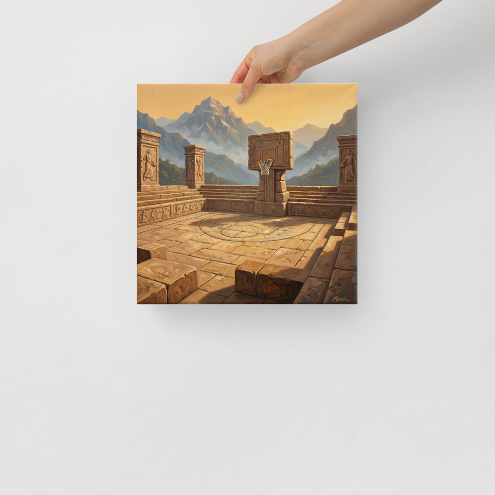 'The Ancient Court' — a Surrealism,Classical Realism print. An oil painting of a stone basketball court set within ancient mountain ruins at sunrise, perfect for a game room or man cave.