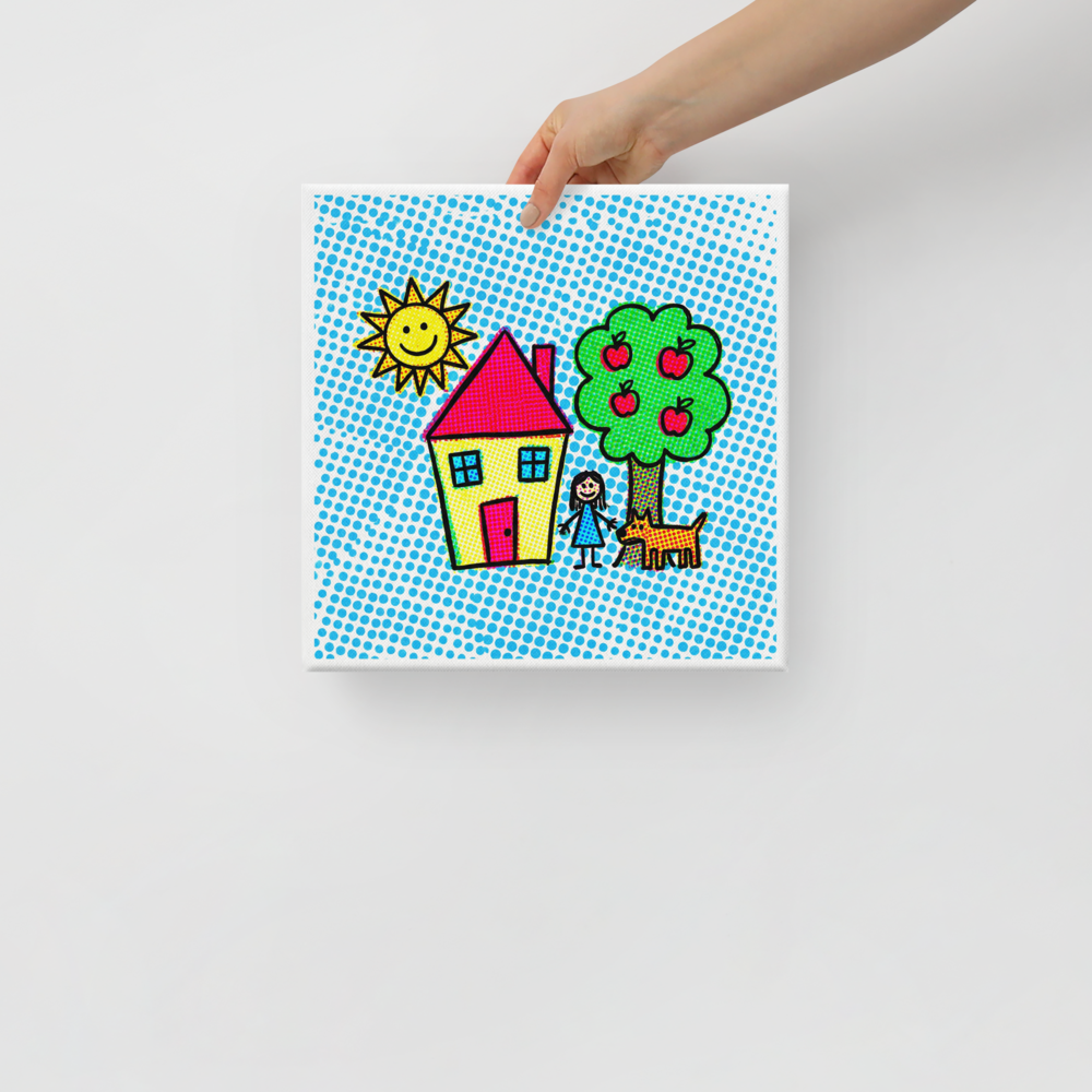 'Halftone Home' — a Pop art print. A pop art style illustration of a house, tree, girl, dog, and smiling sun composed of colorful halftone dots, perfect for a Playroom.
