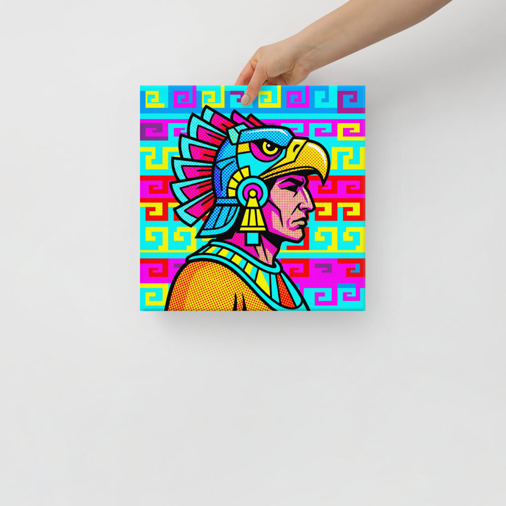 'Aztec Pop' — a Pop art print. A pop art style profile portrait of an Aztec eagle warrior in bright cyan, magenta, and yellow with halftone dots against a geometric background, perfect for a Living Room.
