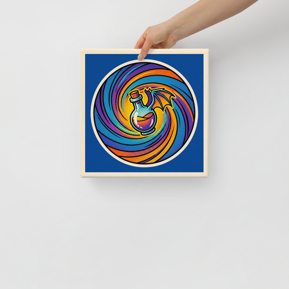 'Potion Pop' — a Pop art print. A pop art style illustration of a winged potion bottle against a swirling hypnotic background of purple, orange, and blue halftone dots, perfect for a Game Room.