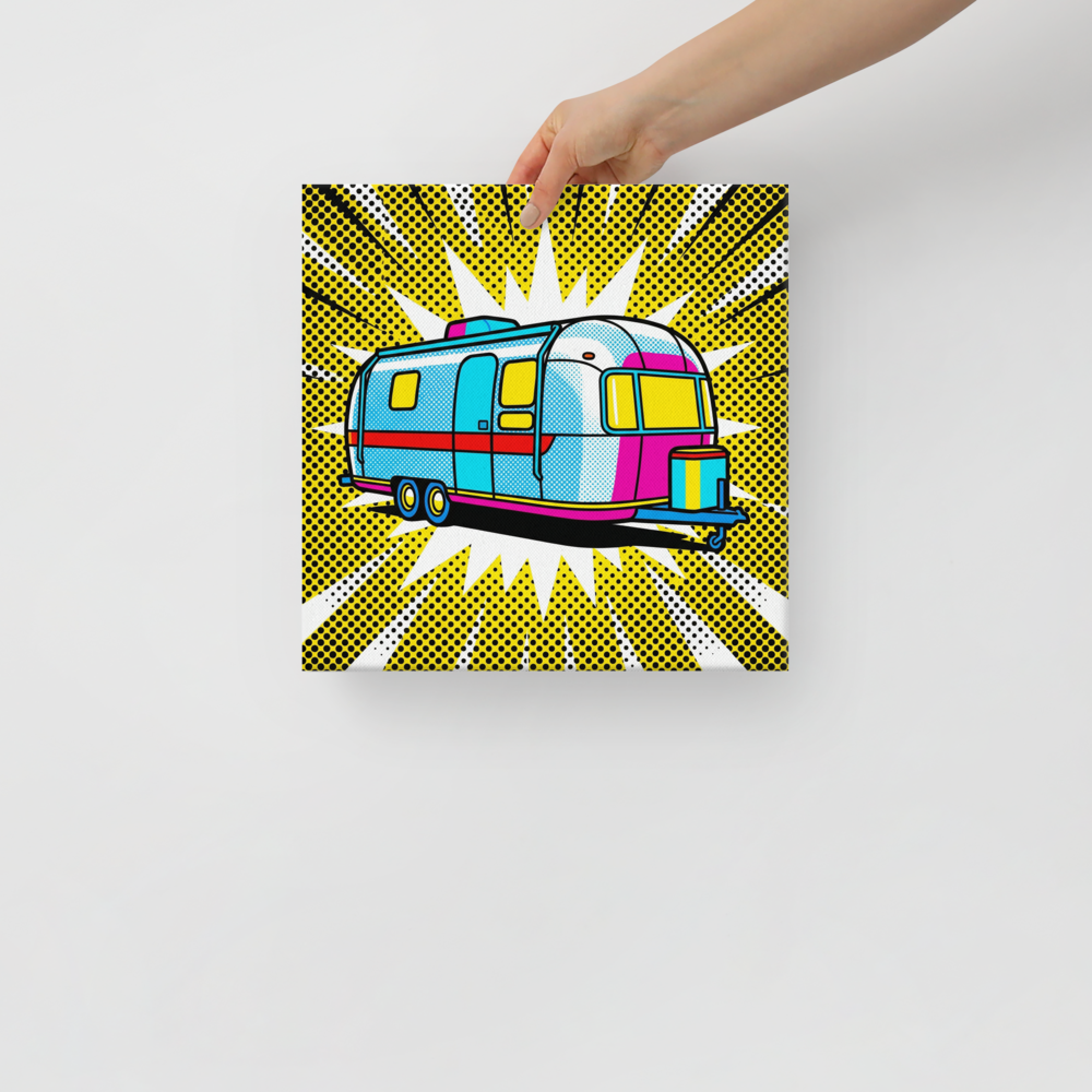 'Pop Art Camper' — a Pop art print. A brightly colored pop art illustration of a retro camper trailer in cyan, magenta, and yellow against a starburst background with halftone dots, perfect for a Camper / RV.