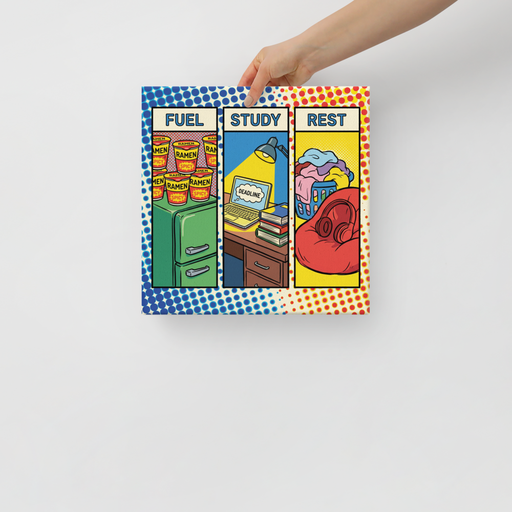 'The College Triad' — a Pop art print. A three-panel pop art comic strip titled FUEL, STUDY, REST showing ramen cups, a laptop with a deadline, and a beanbag chair with laundry, perfect for an Apartment / Airbnb.